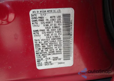 2017 Nissan Rogue Sv из США, поврежденный, VIN JN8AT2MV1HW280005